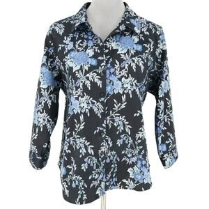 Coldwater Creek Top Petites 16P Navy Blue Floral Cotton Blouse Career Whimsy